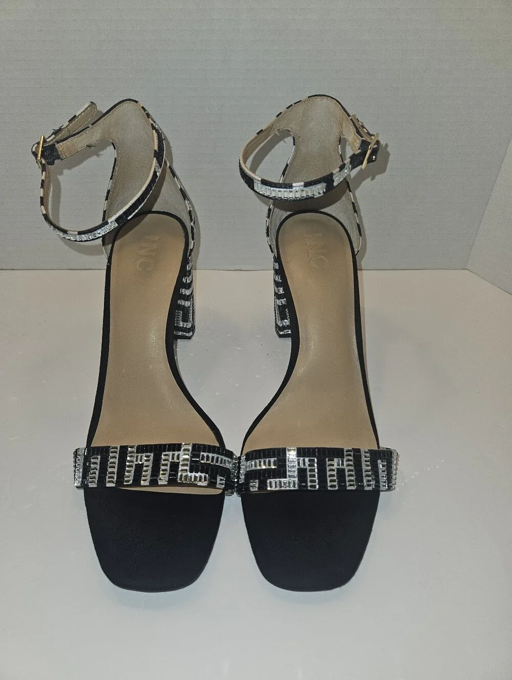 INC Women's Lexini Embellished Black & Silver Dressy Beaded Block Heel Size 12M